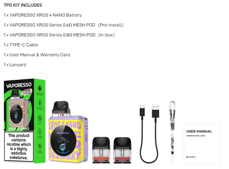 Vaporesso Xros Nano 4 Whats In The Box