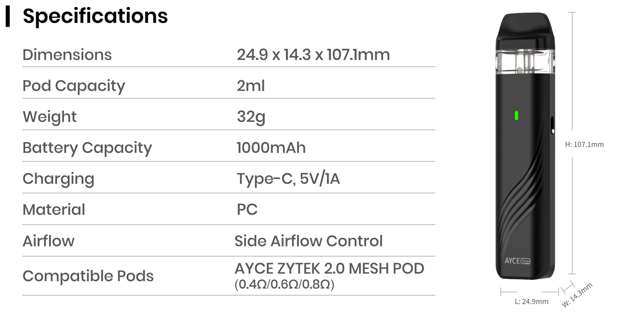 Dovpo Ayce Lite Specifications Dovpo Ayce Lite Specifications