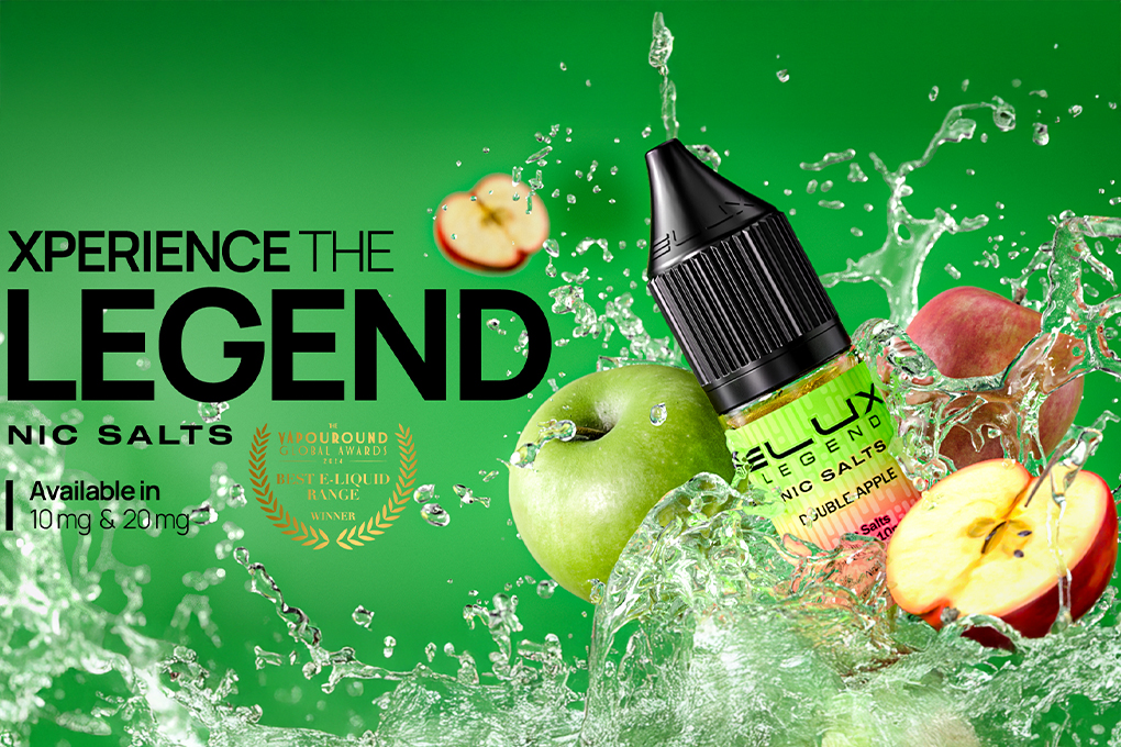 Elux Banner with vape juice, apples and water